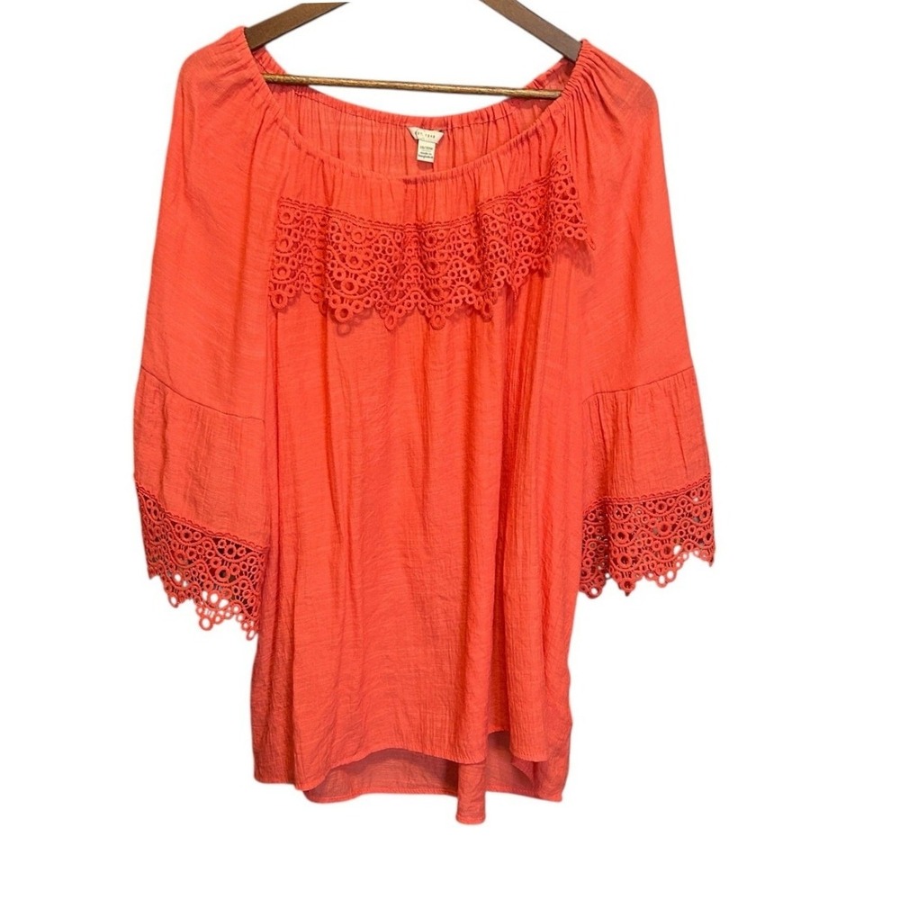 Cato Women Boho Peasant Crochet Lace Blouse 18/20W Coral Bell Sleeve Top